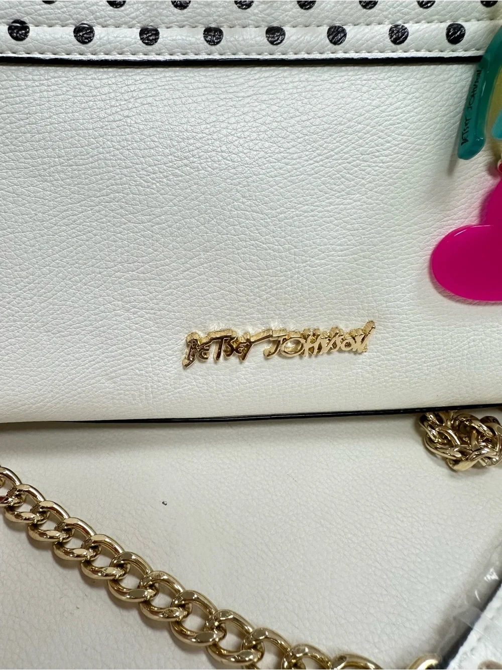 Betsey Johnson White Polka Dot Crossbody with Neon Heart Charm